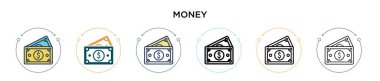 Para ikonu simgesi doldurulmuş, ince çizgi, özet ve vuruş stili. Mobil, ui, web için iki renkli ve siyah para ikonu vektör ikonu tasarımının vektör illüstrasyonu kullanılabilir