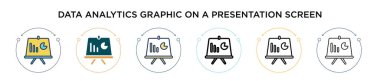 Dopdolu, ince çizgi, özet ve vuruş tarzında bir sunum ekran simgesi üzerinde veri analizi grafiği. Bir sunum ekran vektörü üzerinde iki renkli ve siyah veri analizinin vektör illüstrasyonu