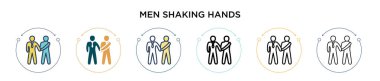 Erkeklerin tokalaşma ikonu dolu, ince çizgi, ana hatlar ve vuruş stili. El sıkışan iki siyah ve renkli adamın vektör illüstrasyonu vektör simgeleri mobil, ui, web için kullanılabilir
