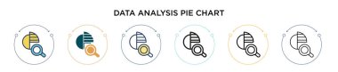 Veri analizi pasta grafiği simgesi dolu, ince çizgi, özet ve vuruş stili. Mobil, ui, web için iki renkli ve siyah veri analizi grafik çizelgesi tasarımı vektör illüstrasyonu kullanılabilir