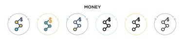 Para ikonu dolu, ince çizgi, özet ve vuruş stili. Mobil, ui, web için iki renkli ve siyah para vektör ikonu tasarımı vektör illüstrasyonu kullanılabilir