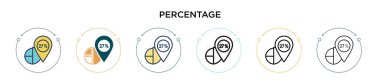 Yüzde simgesi dolu, ince çizgi, özet ve vuruş stili. Mobil, ui, web için iki renkli ve siyah vektör ikonlarının vektör çizimi kullanılabilir