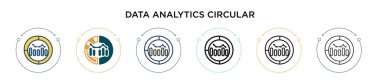 Veri analizi dairesel simgesi dolu, ince çizgi, özet ve vuruş stili. Mobil, ui, web için iki renkli ve siyah veri analizi dairesel vektör ikonu tasarımı vektör illüstrasyonu kullanılabilir