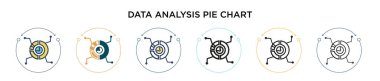 Veri analizi pasta grafiği simgesi dolu, ince çizgi, özet ve vuruş stili. Mobil, ui, web için iki renkli ve siyah veri analizi grafik çizelgesi tasarımı vektör illüstrasyonu kullanılabilir