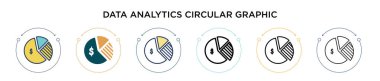 Veri analizi dairesel grafik simgesi dolu, ince çizgi, özet ve vuruş stili. İki renkli ve siyah veri analizinin vektör illüstrasyonu dairesel grafik vektör simgeleri için kullanılabilir 