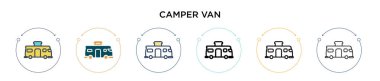 Kamp minibüsü ikonu, ince çizgi, özet ve vuruş stili. Mobil, ui, web için iki renkli ve siyah karavan vektör ikonu tasarımı vektör illüstrasyonu kullanılabilir
