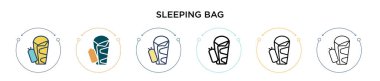 Uyku tulumu ikonu doldurulmuş, ince çizgi, ana hatlar ve vuruş stili. İki renkli ve siyah uyku tulumu vektör ikonu tasarımı mobil, ui, web için kullanılabilir