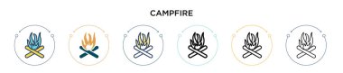 Kamp ateşi ikonu, ince çizgi, özet ve vuruş stili. Mobil, ui, web için iki renkli ve siyah kamp ateşi vektör ikonu tasarımı vektör illüstrasyonu kullanılabilir
