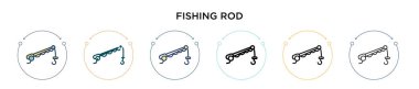 Balık oltası ikonu, ince çizgi, ana hatlar ve vuruş stili. Mobil, ui, web için iki renkli ve siyah olta vektör ikonu tasarımının vektör illüstrasyonu kullanılabilir