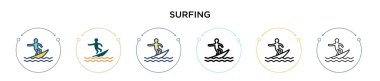 Dopdolu sörf ikonu, ince çizgi, özet ve vuruş stili. Mobil, ui, web için iki renkli ve siyah sörf vektör ikonu tasarımının vektör illüstrasyonu kullanılabilir