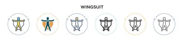 Wingsuit simgesi doldurulmuş, ince çizgi, özet ve vuruş stili. Mobil, ui, web için iki renkli ve siyah wingsuit vektör ikonu tasarımı vektör illüstrasyonu kullanılabilir