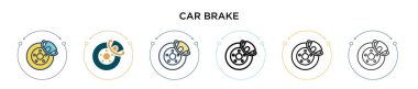Araba fren ikonu doldurulmuş, ince çizgi, ana hatlar ve vuruş stili. Mobil, ui, web için iki renkli ve siyah araba fren vektör ikonu tasarımının vektör çizimi kullanılabilir