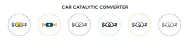 Araba katalitik konvertör simgesi doldurulmuş, ince çizgi, ana hatlar ve vuruş stili. Mobil, ui, web için iki renkli ve siyah araba katalitik vektör vektör ikonu tasarımı vektör illüstrasyonu kullanılabilir
