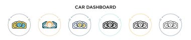 Araba gösterge paneli simgesi doldurulmuş, ince çizgi, özet ve vuruş stili. Mobil, ui, web için iki renkli ve siyah araç gösterge paneli vektör simgesi tasarımı kullanılabilir
