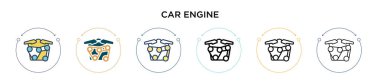 Araba motoru simgesi doldurulmuş, ince çizgi, ana hatlar ve vuruş stili. Mobil, ui, web için iki renkli ve siyah motor vektör ikonu tasarımı vektör illüstrasyonu kullanılabilir