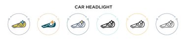 Arabanın ön far ikonu, ince çizgi, dış hat ve vuruş stili. Mobil, ui, web için iki renkli ve siyah araba far vektör ikonu tasarımı vektör illüstrasyonu kullanılabilir