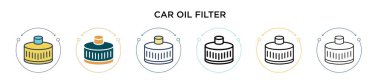 Araba yağı filtresi simgesi dolu, ince çizgi, ana hatlar ve vuruş stili. Mobil, ui, web için iki renkli ve siyah araba yağı filtre vektör ikonu tasarımı vektör illüstrasyonu kullanılabilir
