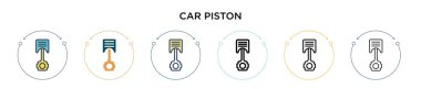 Araba pistonu simgesi doldurulmuş, ince çizgi, ana hatlar ve vuruş stili. Mobil, ui, web için iki renkli ve siyah otomobil piston vektör ikonu tasarımının vektör illüstrasyonu kullanılabilir