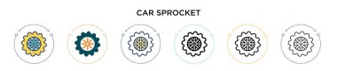 Araba sproket ikonu dolu, ince çizgi, ana hatlar ve vuruş stili. Mobil, ui, web için iki renkli ve siyah araba sproket vektör ikonu tasarımı vektör illüstrasyonu kullanılabilir