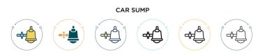 Araba özet simgesi doldurulmuş, ince çizgi, ana hatlar ve vuruş stili. Mobil, ui, web için iki renkli ve siyah araba sump vektör ikonu tasarımı vektör illüstrasyonu kullanılabilir