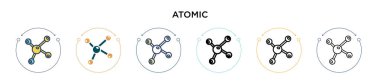 Atom simgesi dolu, ince çizgi, özet ve vuruş stili. Mobil, ui, web için iki renkli ve siyah atom vektör ikonu tasarımının vektör illüstrasyonu kullanılabilir