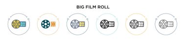 Büyük film yuvarlama ikonu, ince çizgi, özet ve vuruş stili. Mobil, ui, web için iki renkli ve siyah film yuvarlama vektör simgesi tasarımı kullanılabilir