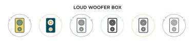 Yüksek sesli woofer kutusu simgesi dolu, ince çizgi, özet ve vuruş stili. Mobil, ui, web için iki renkli ve siyah Woofer kutu vektör ikonu tasarımı vektör illüstrasyonu kullanılabilir