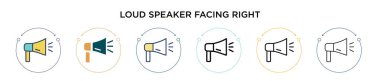 Yüksek sesle hoparlör sağa dönük. Dopdolu, ince çizgi, özet ve vuruş stili. Sağ vektör simgelerine bakan iki renkli ve siyah hoparlörün vektör illüstrasyonu taşınabilir, ui, 