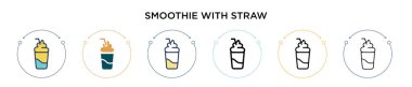Smoothie ile doldurulmuş saman ikonu, ince çizgi, taslak ve vuruş stili. Saman vektör simgelerine sahip iki renkli ve siyah smoothie vektör illüstrasyonu mobil, ui, web için kullanılabilir