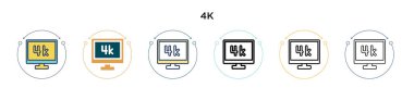 4K simgesi doldurulmuş, ince çizgi, özet ve vuruş stili. Mobil, ui, web için iki renkli ve siyah 4k vektör simgesinin vektör çizimi kullanılabilir