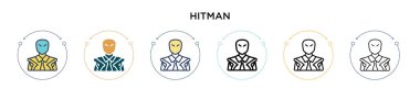 Hitman ikonu dolu, ince çizgi, özet ve vuruş stili. İki renkli ve siyah tetikçi vektör ikonu tasarımı mobil, ui, web için kullanılabilir