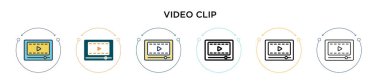 Video klip simgesi doldurulmuş, ince çizgi, özet ve vuruş stili. Mobil, ui, web için iki renkli ve siyah video klip vektör ikonu tasarımının vektör illüstrasyonu kullanılabilir