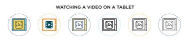 Tablet ikonunda bir video izliyorum. Dopdolu, ince çizgi, özet ve vuruş stili. Tablet vektör simgeleri üzerindeki bir videoyu izleyen iki renkli ve siyahın vektör illüstrasyonu mobil tasarım için kullanılabilir,