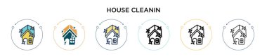 Ev temizleme ikonu, ince çizgi, özet ve vuruş stili. Mobil, ui, web için iki renkli ve siyah ev temizleme vektör ikonu tasarımı vektör illüstrasyonu kullanılabilir