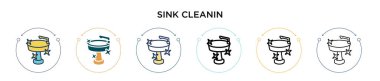 Lavabo temizleme simgesi dolu, ince çizgi, özet ve vuruş stili. Mobil, ui, web için iki renkli ve siyah lavabo temizleme vektör simgeleri tasarımı kullanılabilir
