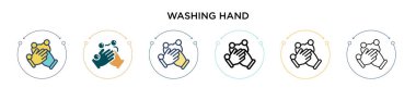Elle yıkama ikonu, ince çizgi, özet ve vuruş stili. Mobil, ui, web için iki renkli ve siyah el yıkama vektör ikonu tasarımı vektör illüstrasyonu kullanılabilir