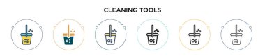 Temizleme araçları simgesi doldurulmuş, ince çizgi, özet ve vuruş stili. İki renkli ve siyah temizlik araçlarının vektör illüstrasyonu vektör simgeleri mobil, ui, web için kullanılabilir