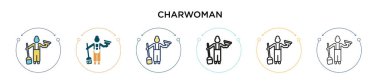 Charwoman simgesi doldurulmuş, ince çizgi, özet ve vuruş stili. Mobil, ui, web için iki renkli ve siyah charwoman vektör ikonu tasarımı vektör illüstrasyonu kullanılabilir