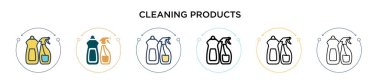 Temizlik ürünleri simgesi dolu, ince çizgi, özet ve vuruş stili. Mobil, ui, web için iki renkli ve siyah temizlik ürünleri vektör ikonu tasarımı vektör illüstrasyonu kullanılabilir
