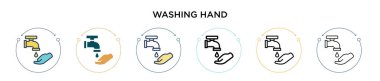 Elle yıkama ikonu, ince çizgi, özet ve vuruş stili. Mobil, ui, web için iki renkli ve siyah el yıkama vektör ikonu tasarımı vektör illüstrasyonu kullanılabilir
