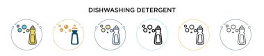 Bulaşık deterjanı simgesi dolu, ince çizgi, özet ve vuruş stili. Mobil, ui, web için iki renkli ve siyah bulaşık deterjanı taşıyıcı ikonu tasarımı kullanılabilir
