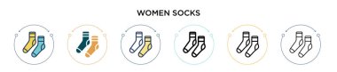 Kadın çorap ikonu dolu, ince çizgi, özet ve vuruş stili. İki renkli ve siyah kadın çorap vektör ikonu tasarımı mobil, ui, web için kullanılabilir