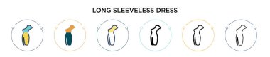 Uzun kolsuz elbise ikonu, ince çizgi, taslak ve vuruş stili. Mobil, ui, web için iki renkli ve siyah uzun kolsuz elbise vektör ikonu tasarımı vektör illüstrasyonu kullanılabilir