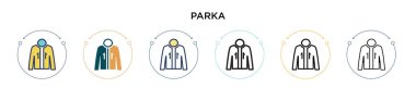 Parka simgesi doldurulmuş, ince çizgi, özet ve vuruş stili. Mobil, ui, web için iki renkli ve siyah parka vektör simgesi tasarımı vektör illüstrasyonu kullanılabilir