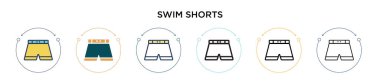Yüzme şortu ikonu, ince çizgi, özet ve vuruş stili. İki renkli ve siyah yüzme şortunun vektör illüstrasyonu vektör simgeleri mobil, ui, web için kullanılabilir