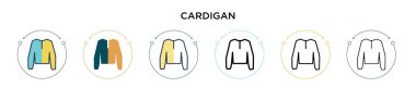 Cardigan simgesi doldurulmuş, ince çizgi, ana hatlar ve vuruş stili. Mobil, ui, web için iki renkli ve siyah hırka vektör ikonu tasarımı vektör illüstrasyonu kullanılabilir