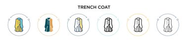 Trençkot simgesi doldurulmuş, ince çizgi, özet ve vuruş stili. Mobil, ui, web için iki renkli ve siyah yağmurluk vektör ikonu tasarımı vektör illüstrasyonu kullanılabilir