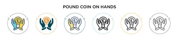 Пунд монеты на руках значок в заполненной, тонкой линии, очертания и штрих стиле. Векторная иллюстрация двух цветных и черных фунтов монет на руки векторные иконки конструкции могут быть использованы для мобильных, УИ, веб
