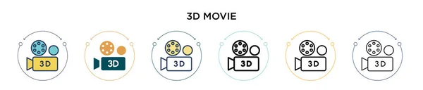 塗りつぶし 細い線 アウトライン ストロークスタイルの3D映画アイコン 2色と黒の3D映画ベクトルのアイコンのベクトルイラストは モバイル Webに使用することができます — ストックベクタ