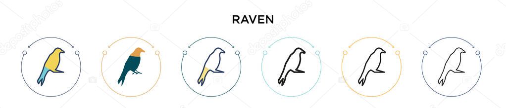 Raven icon in filled, thin line, outline and stroke style. Vector illustration of two colored and black raven vector icons designs can be used for mobile, ui, web